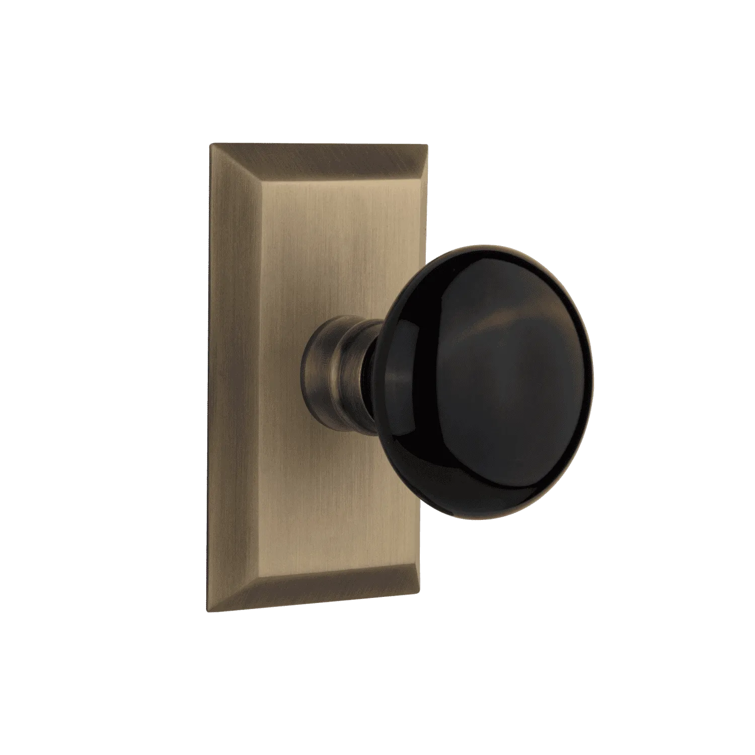 Studio Short Plate with Black Porcelain Knob in Antique Brass