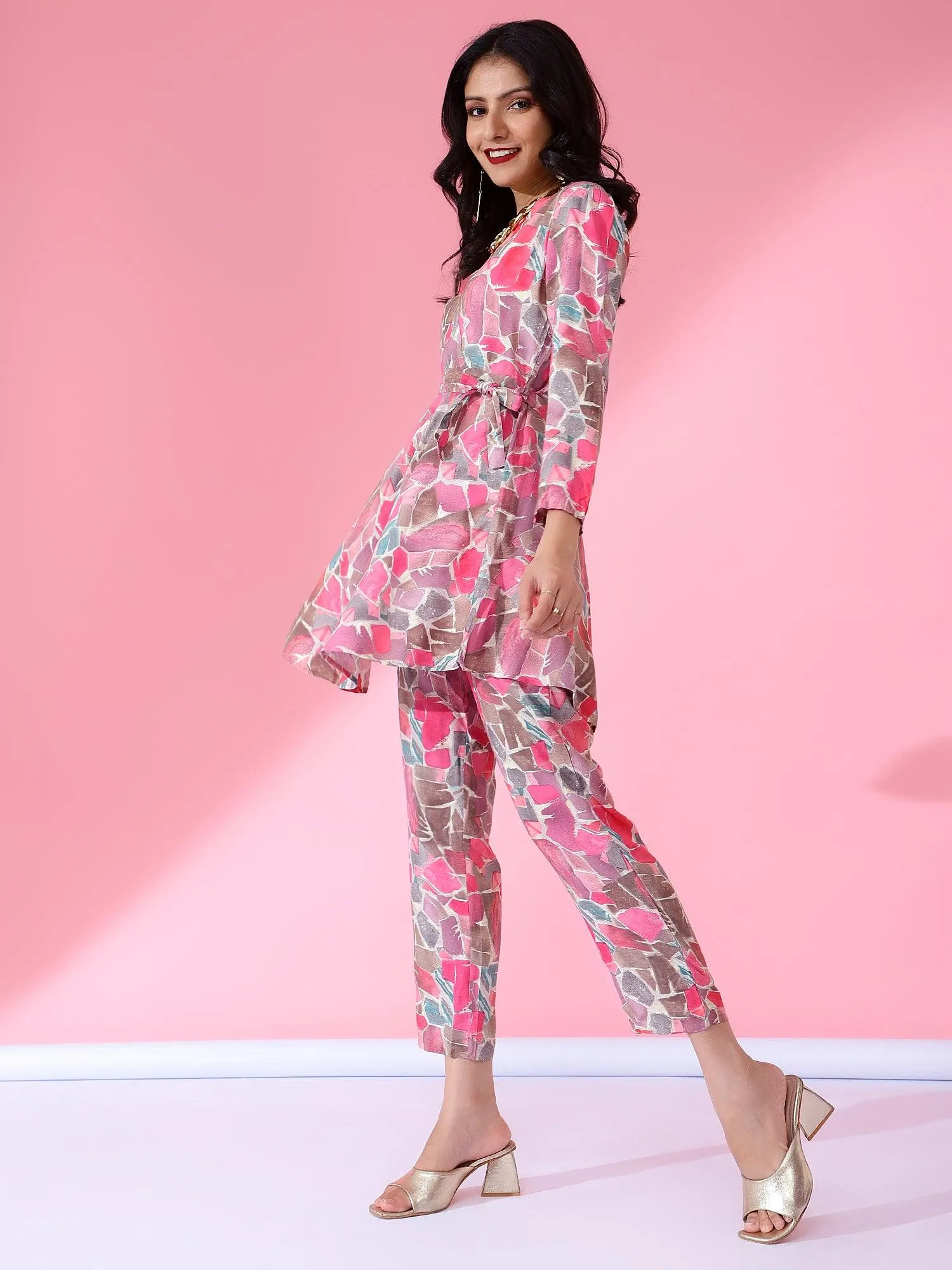 Tie Top Printed Co-Ord Set Pink