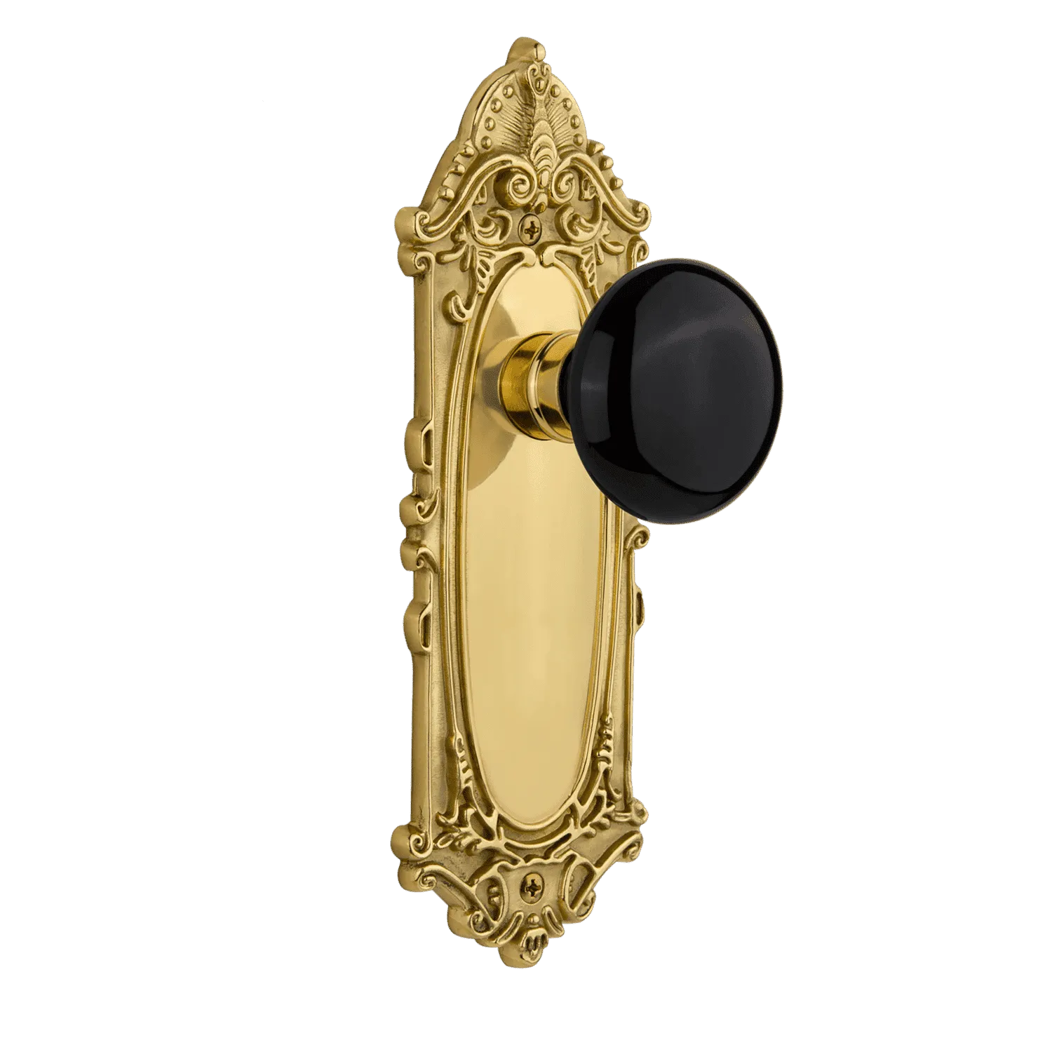 Victorian Long Plate with Black Porcelain Knob in Unlacquered Brass