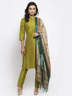 Women Green Self-Striped Kurta With Trousers & Art Silk Dupatta